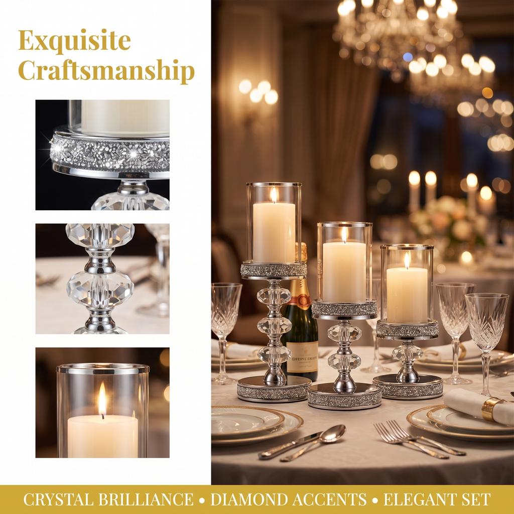 Kristall Säulenkerzenhalter Set Gold Silber Sturmleuchte mit Glasschirm für Romantische Hochzeit Party Hausdekoration
