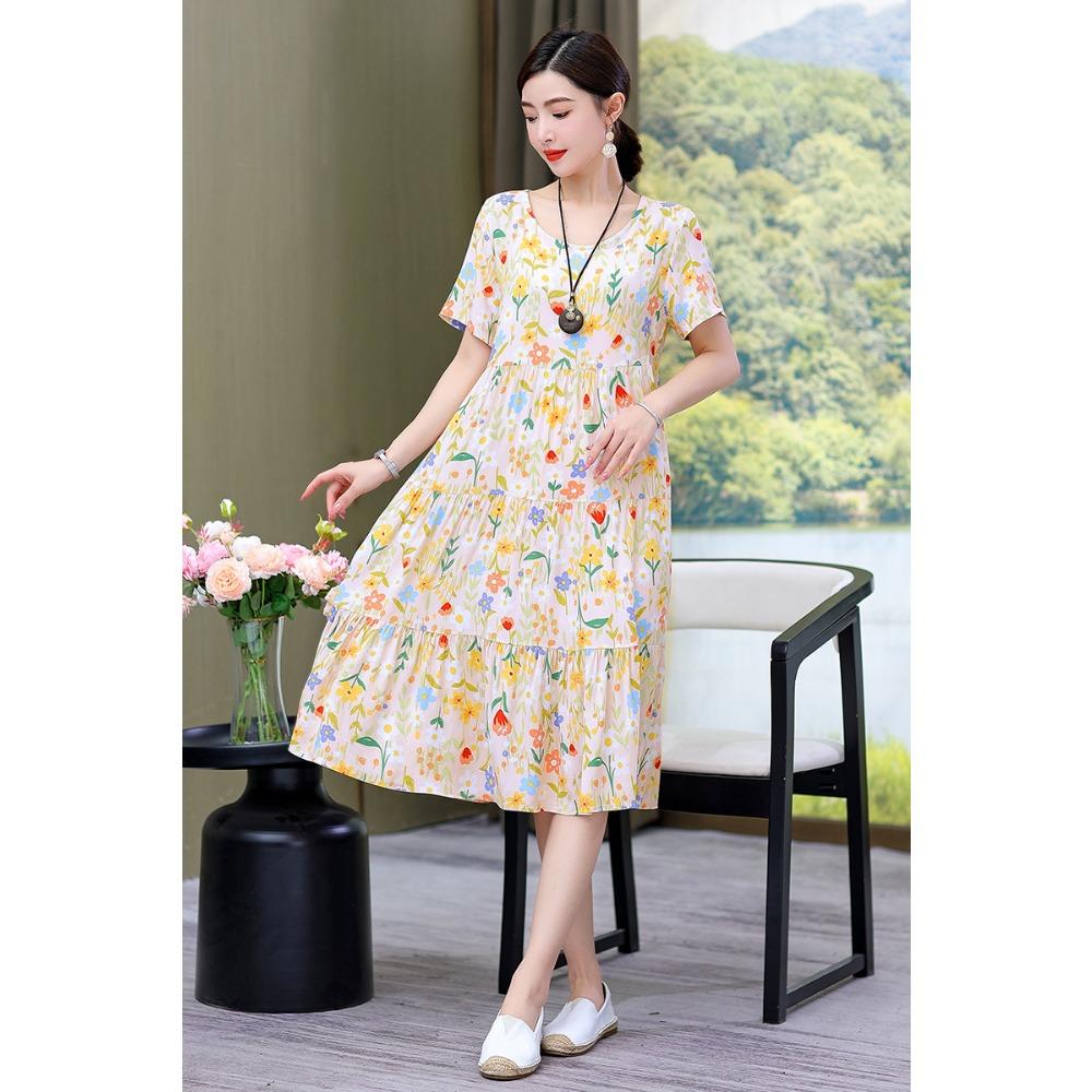 Summer Short-sleeved, Loose and Long Artificial Cotton Dress for Middle-aged and Elderly Women