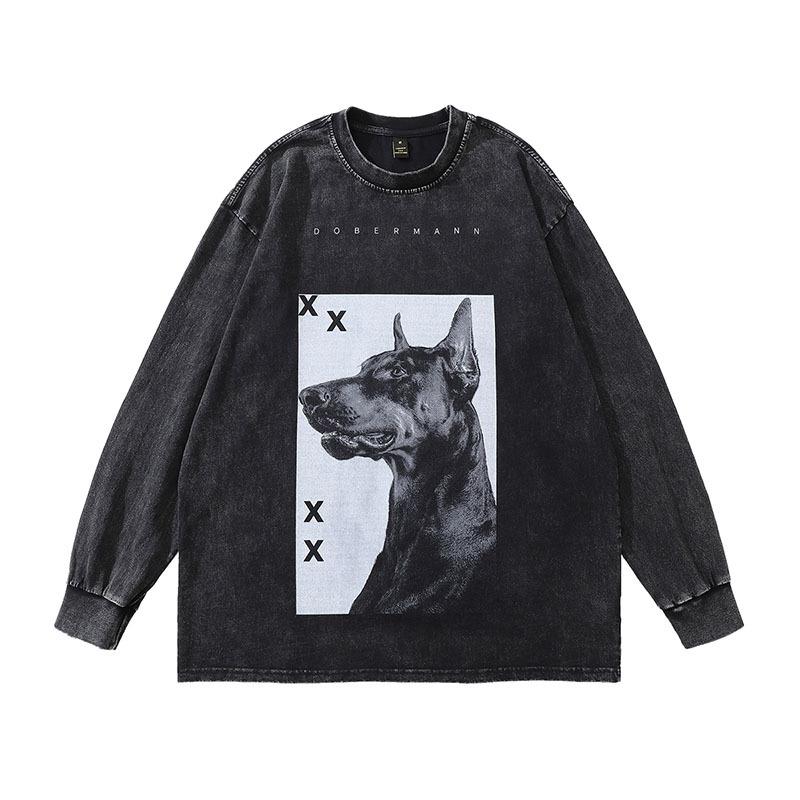Trendy Brand American High Street Retro Doberman Direct Injection Printing Washed Long-Sleeved T-Shirt Men'S Loose Vintage Top