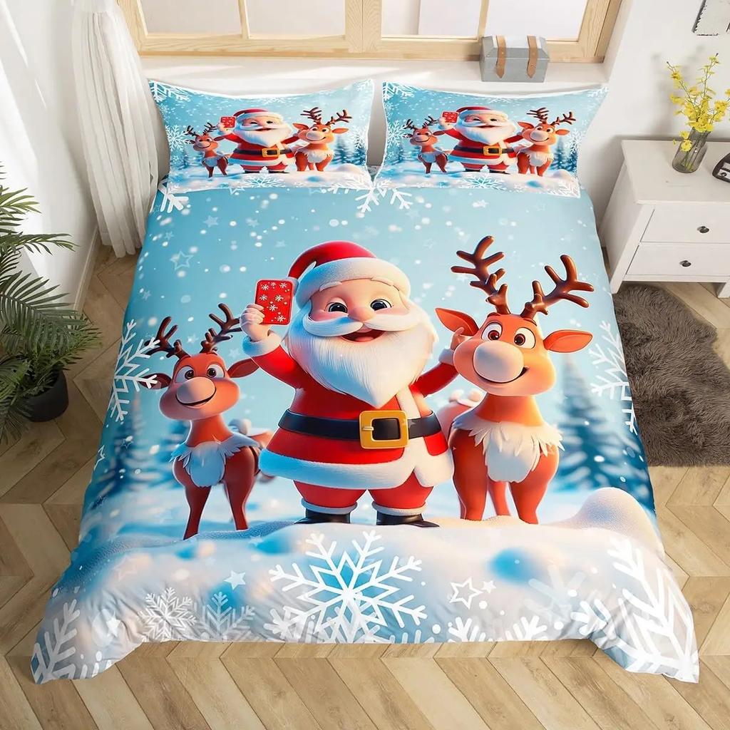 Christmas Duvet Cover Twin/Full/Queen/King Cartoon Santa Claus Bedding Set Xmas Theme Snowflake Comforter Cover for Girls Adults