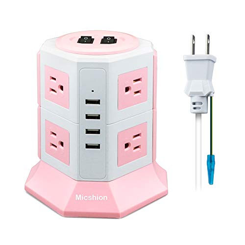 Micshion Tower-Style Power Strip with 2 Bipolar Switches, 8 AC Outlets, 4 USB Ports (4.5A/5V), 1500W, 100V-125V Input, Fast Charging, Lightning and Ov