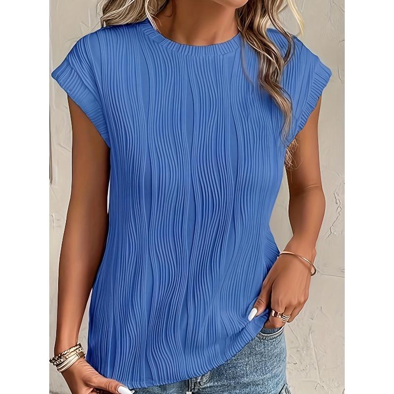 

Women s Blouse Summer Solid Color Texture Short Sleeve Women s Shirt Casual Tops Fashion New Loose Round Neck Female Shirts S синий