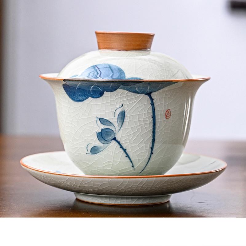 160ml Hand-painted Lotus Ceramic Tea Tureen Covered Bowl Handmade Porcelain Gaiwan Teacup Household Tea Bowl Chinese Teaware
