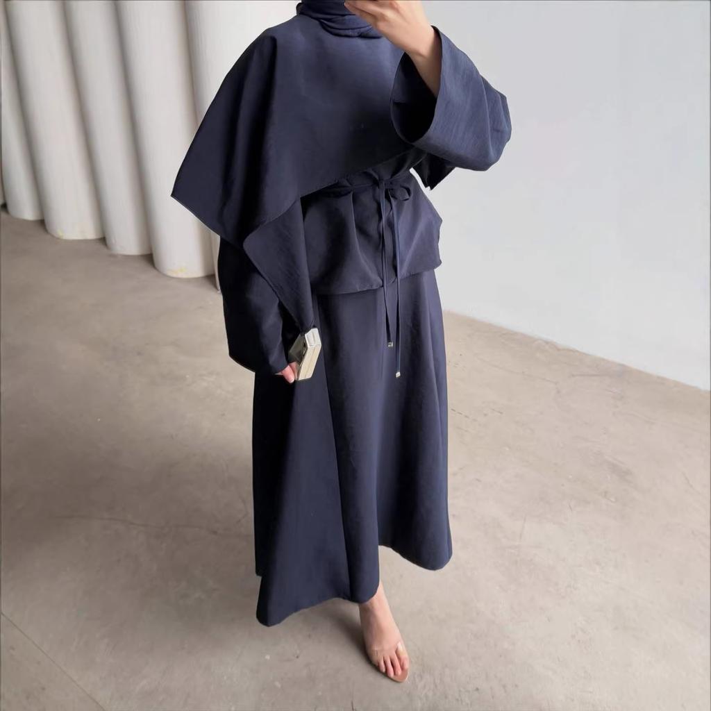 Cross-border European and American Women's Clothing  Summer New Round Neck Simple Cape Commuter Long-sleeved Straight One-step Skirt