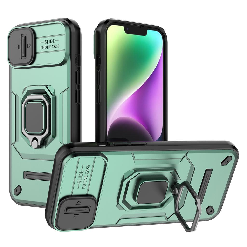 For iPhone 15 PC+TPU Impact-Resistant Phone Case Slide Lens Protection Kickstand Cover