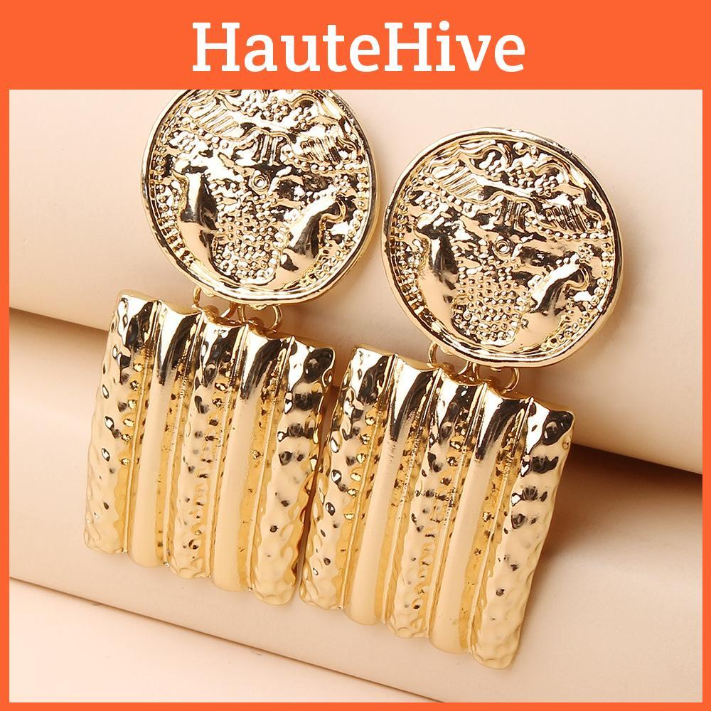 Contemporary Geometric Gold Metal Earrings With Relief Design For Collectors