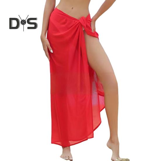 Women Beach Skirt Lace-up Solid Color See-through Thin Quick-Drying Flowy Skirt Sun Protection Bikini Cover Up