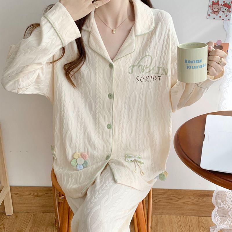 Pajama Set Women's Spring and Autumn Cardigan New Girls Simple Casual Princess Style Home Clothes Long Sleeve Pajama Set