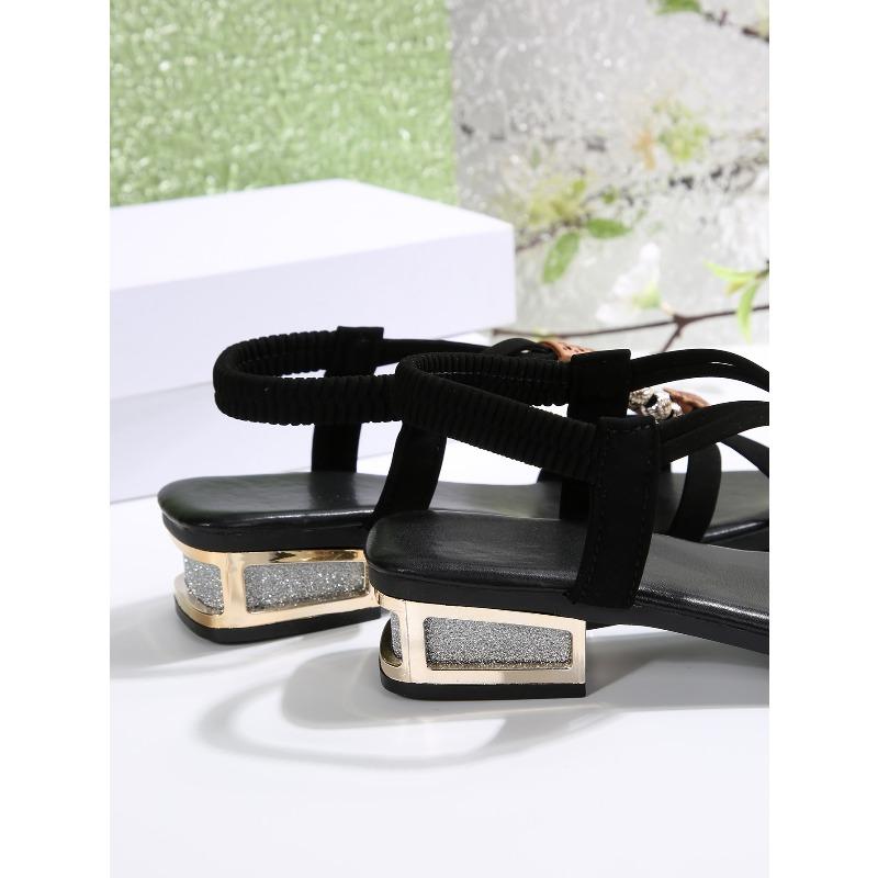 Square Toe Beaded Low-heeled Sandals Women's New 2025 Summer Thick-heeled Roman Sandals