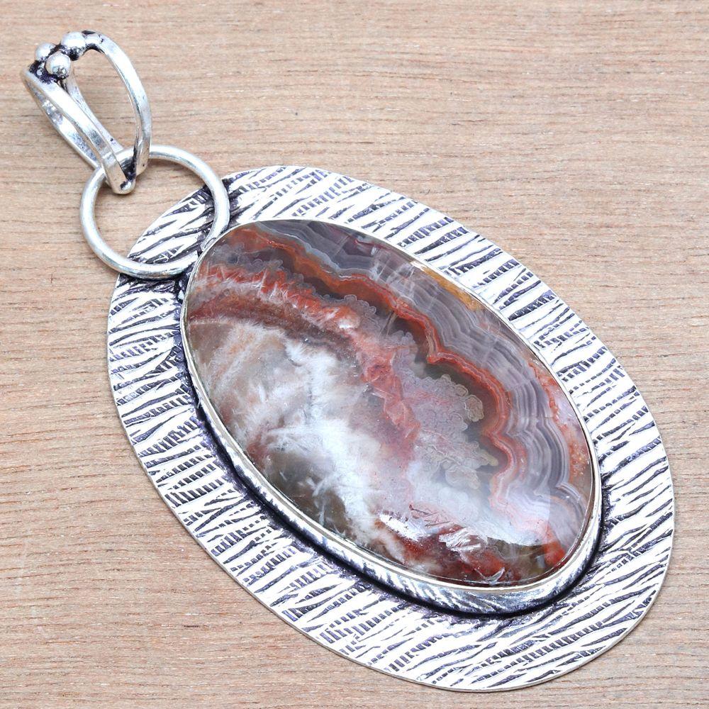 Pendant Crezy Lace Agate Gemstone Mother'Day Gift Silver Jewelry 2.5"