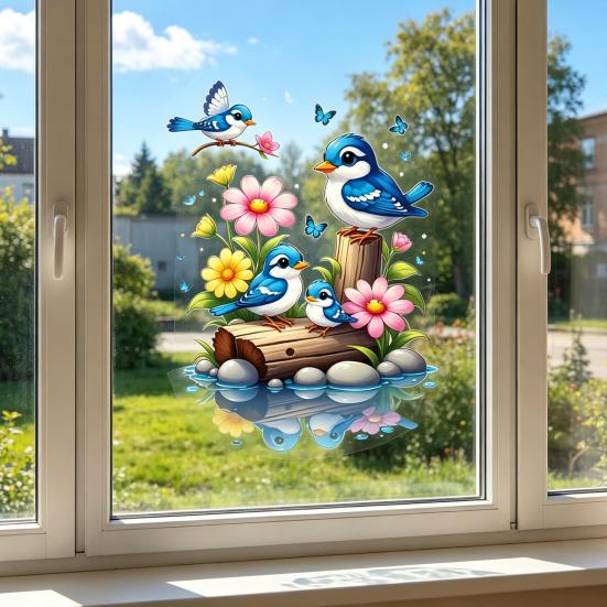 Watercolor Bird Window Sticker Cartoon Blue Birds Flowers Butterflies Double Sided Static Cling