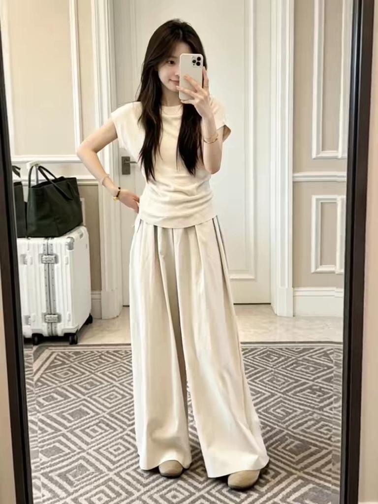 Trend ootd wear fashion college style suit women's summer new casual short-sleeved wide-leg pants two-piece set