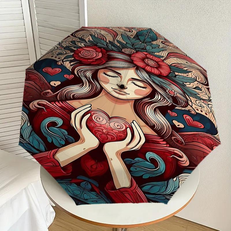 1pc Heart Love Automatic Open/Close Umbrella Compact Folding Umbrella with 8-Rib Shaft for Women/Men, Elegant Birthday1227S