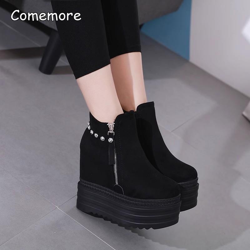 Bocanci cu toc înalt pană 13CM Platformă Talpă groasă Nituri Modă Pantofi de damă Alungire Tălpii Bocanci negri pentru stil Gotik