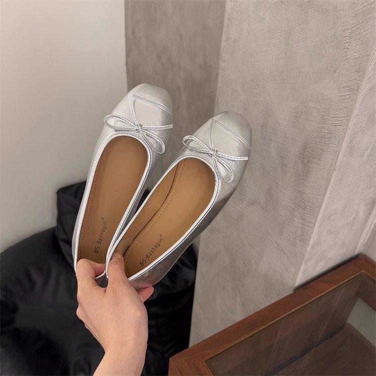 Soft leather version~ French retro round head bow light mouth single shoes women's autumn 2025 new suede ballet shoes