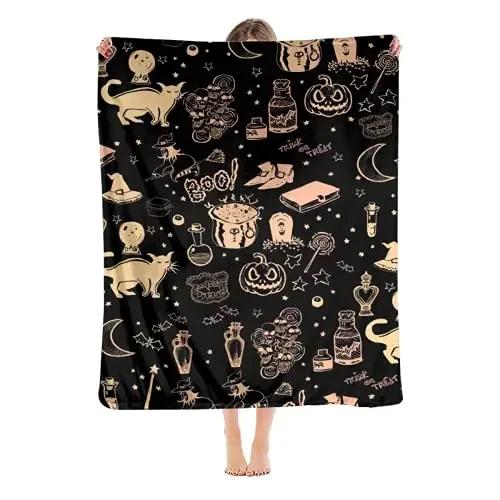 Retro Halloween Ghost Witch Throw Blanket Soft Decorative Couch Blanket for Halloween Parties and Home Textiles 40x50in