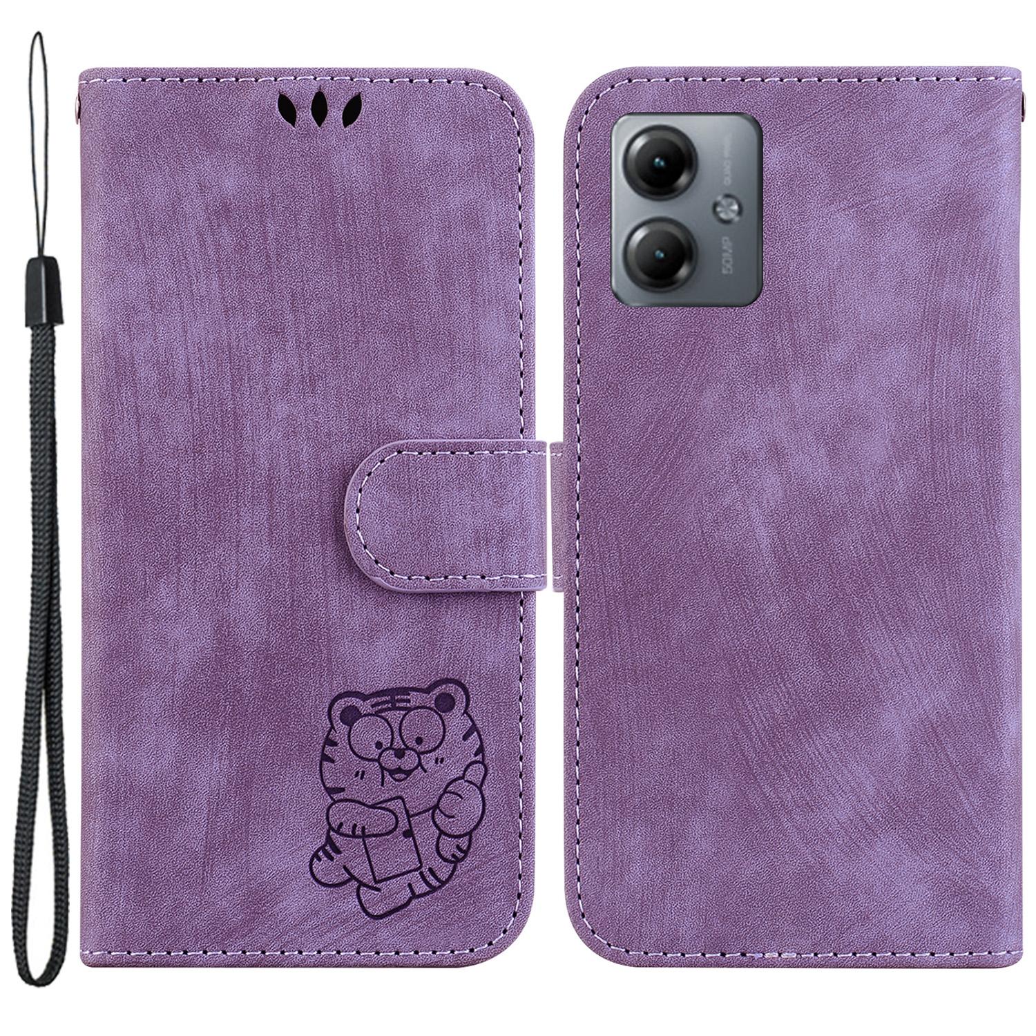 

For Motorola Moto G14 4G Cute Tiger Imprint Wallet PU Leather Case Stand Phone Cover Purple