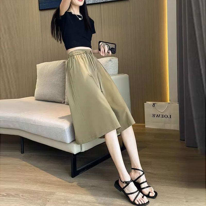 Women's Wide Leg Capri Pants High Waist Solid Color Summer Thin Elastic Fashion Drawstring Casual Pockets Spliced