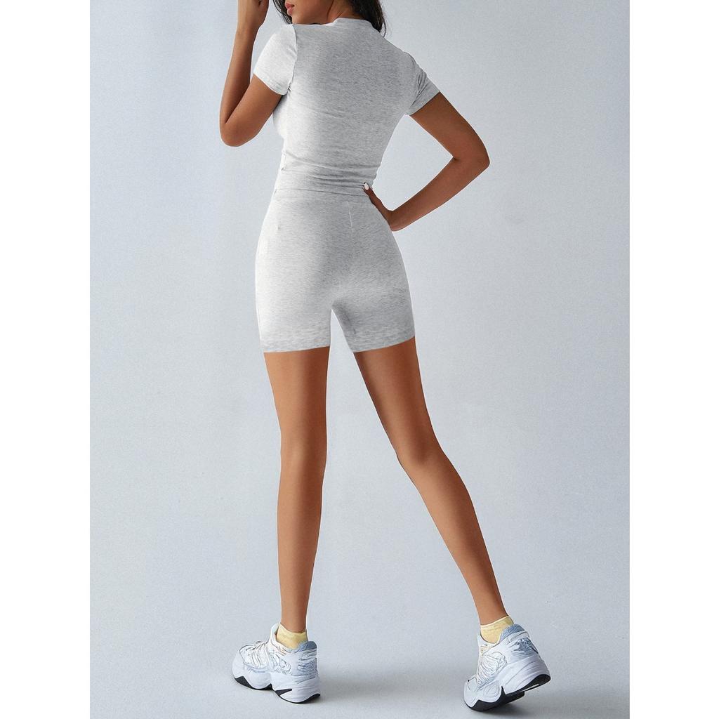 New Women's Solid Yoga Sportswear Set Short Sleeve T-shirt + Belted Shorts Casual Outfit For Spring Summer