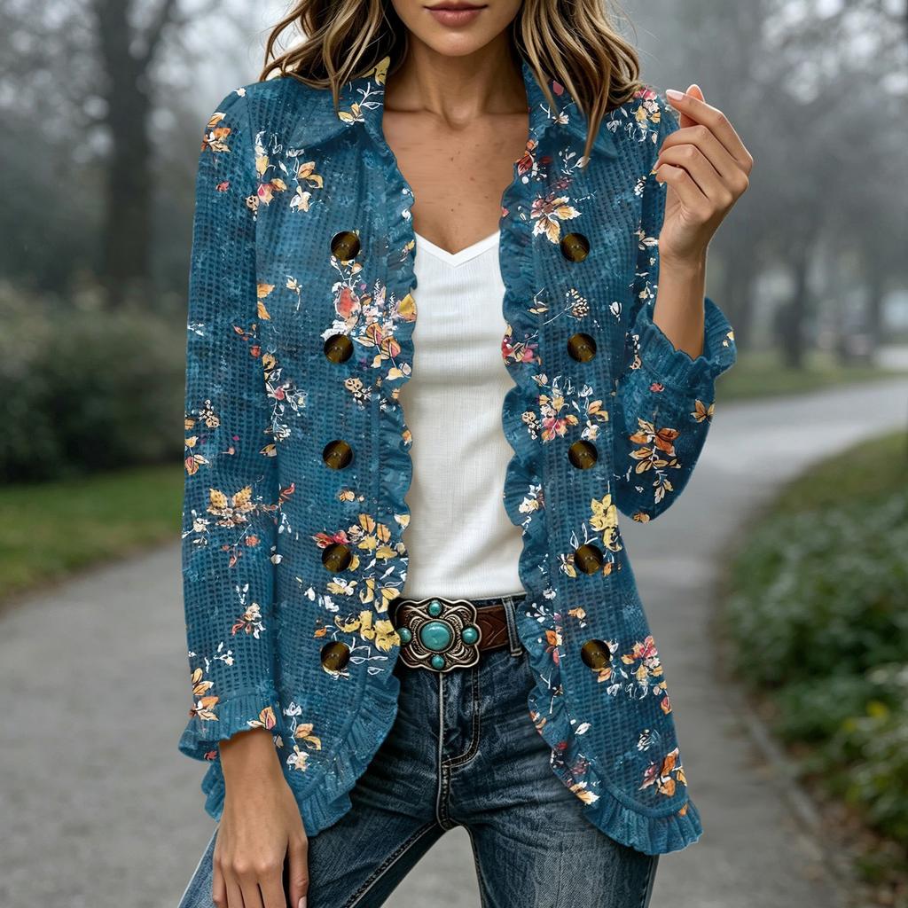 Women's Fashion Floral Print Long Sleeve Ruffle Open Front Cardigan for Casual Wear