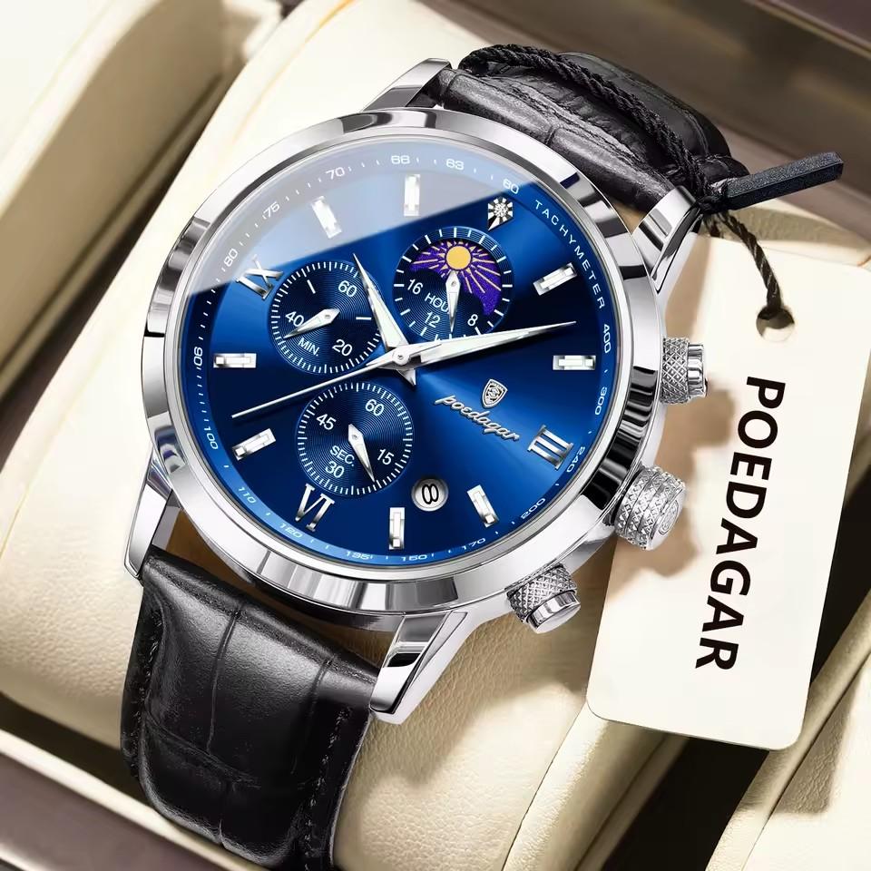 POEDAGAR Luxury Sports Watch for Men Waterproof Luminous Date Chronograph Wristwatch Leather Quartz Watches Reloj