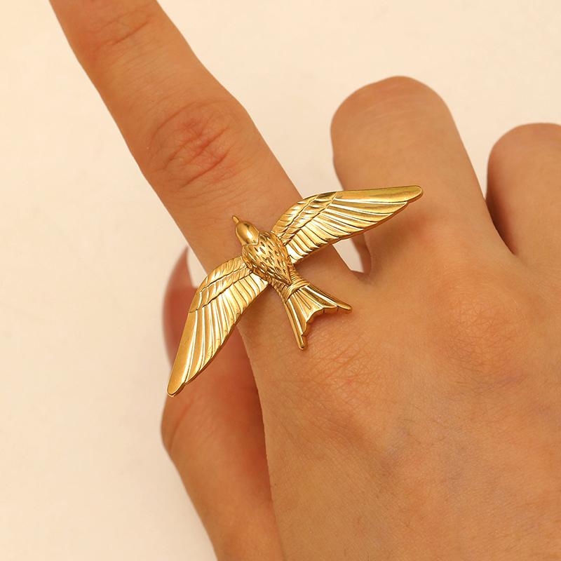 1pc New Minimalist 18K Gold Color Plated Angel Wings Peace Dove Wings Open Rings Trendy Waterproof Stainless Steel Jewelry