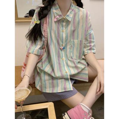 Color Blocking Striped Women's Shirt Japanese Single Breasted Ladies Clothing Summer Loose Casual Short Sleeved Top