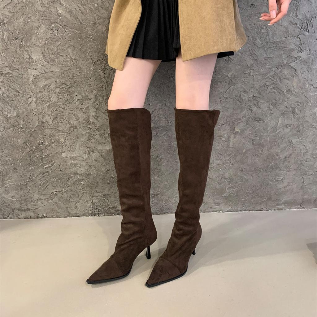 2025 Autumn and Winter New Hate Sky High Elastic Boots Pointed High Heel Boots Suede Thin Thin Heel Zipper Leg Over Knee Boots