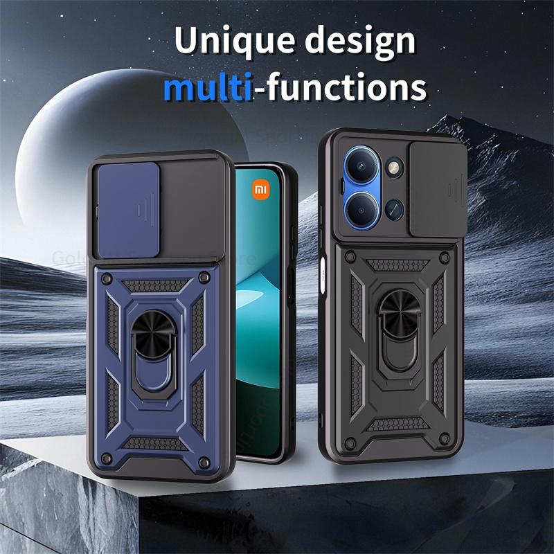 Armor Shockrpoof Hybrid Heavy Duty Phone Case For Xiaomi Redmi 15C 14C 13C Magnetic Ring Holder Stand Slide Lens Cover Redmi Note 14 12 13 15 Pro Plus