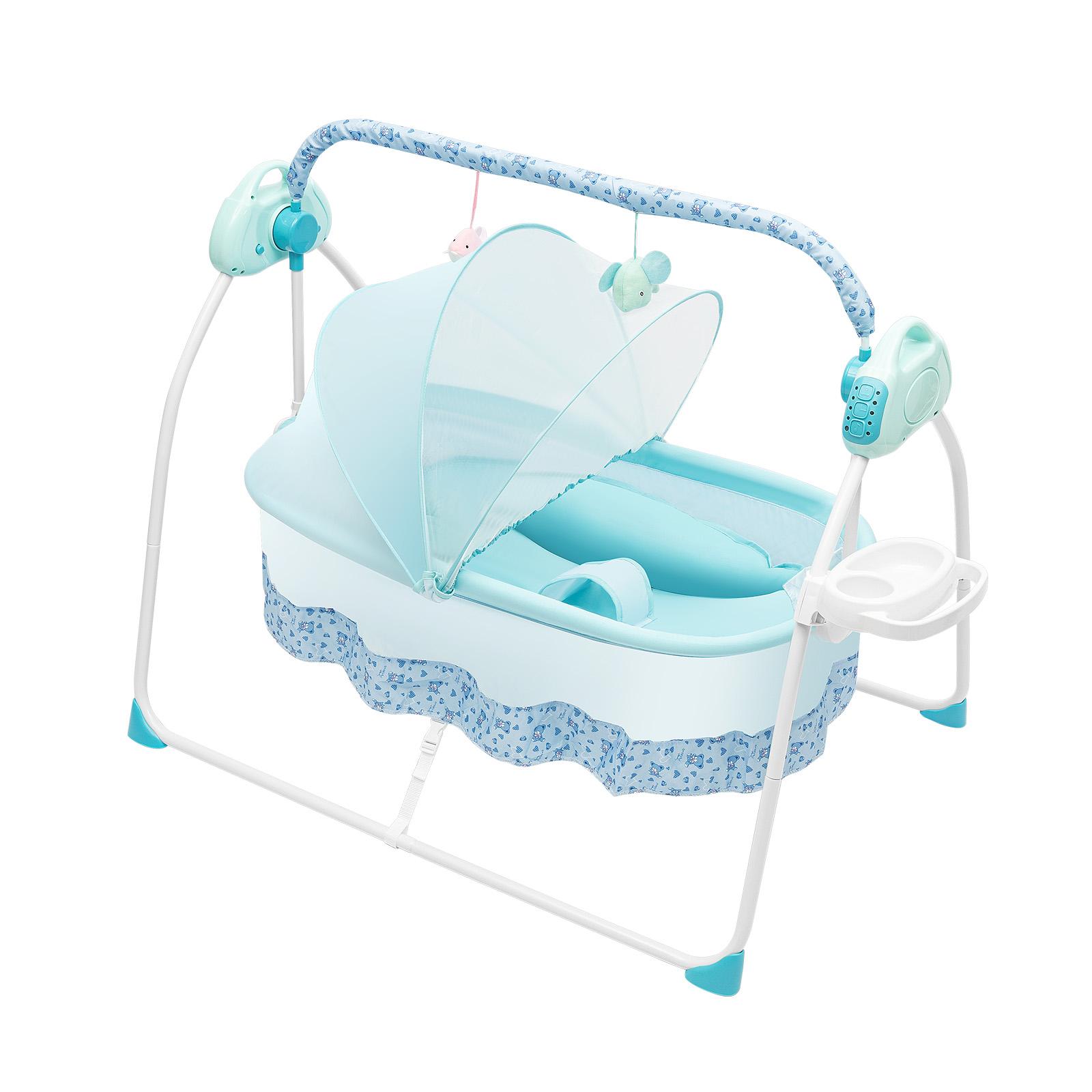 Foldable Baby Cradle Swing with Pillows Mattresses 5 Speed Baby Cradle with 3 Fixed Strap Nylon Strap Remote Control Music blu