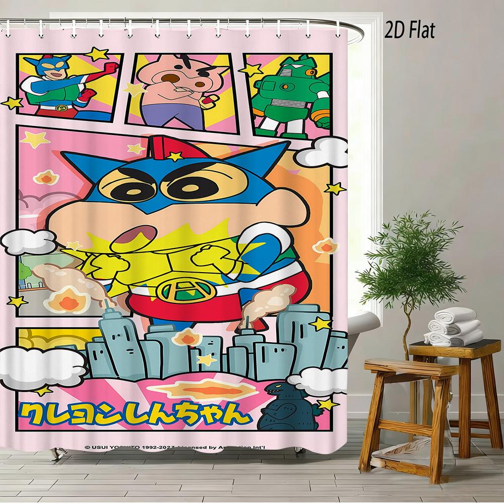 Crayon Shin-Chan & Shiro Best Friend Flying Scene 2D Print Waterproof Shower Curtain, Sweet Pink With Clouds & Daisies Bathroom