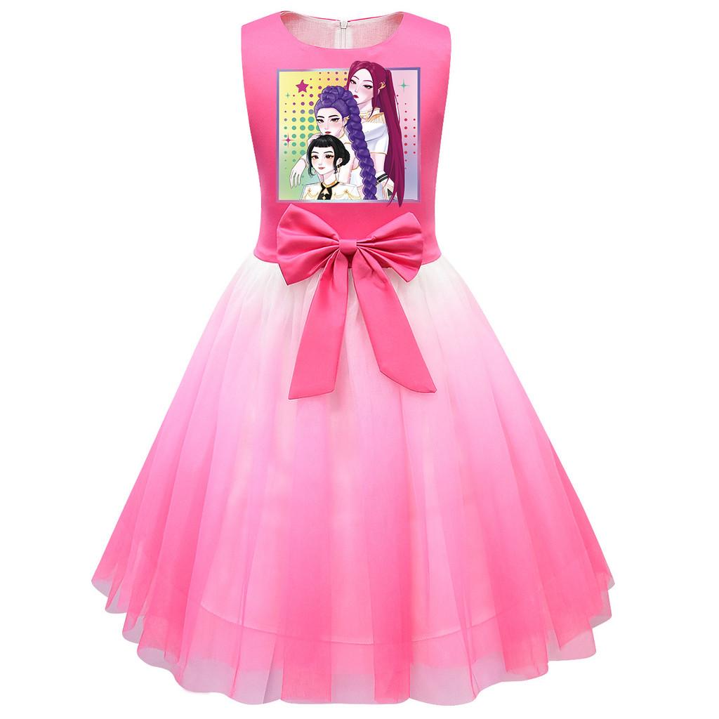 Kinder Mädchen Prinzessin K-POP Rumi Zoey Mira Print Schleife Ärmellos Mesh Tutu Kleid
