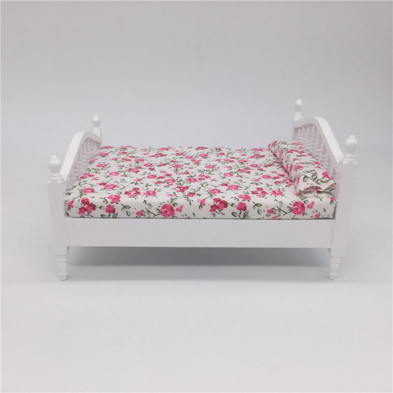 1:12 Mini Dollhouse Furniture Fresh Rose Bedroom Linen Double Bed Bedroom Mini Furniture