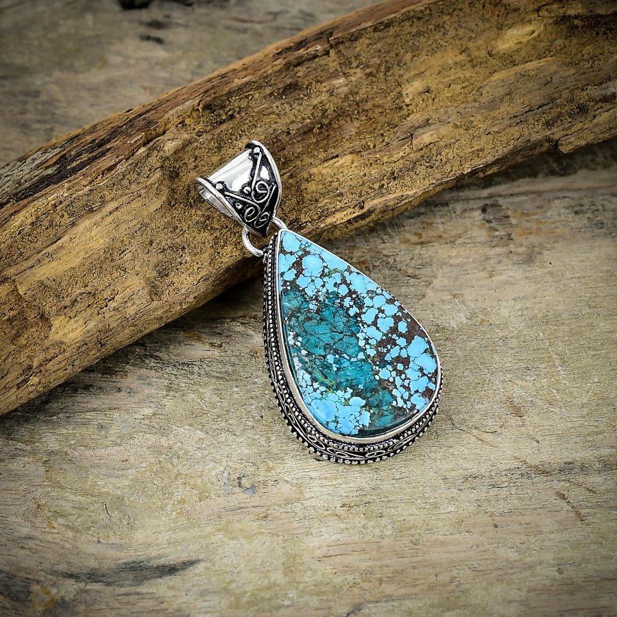 Tibetan Turquoise Gemstone 925 Sterling Silver Jewelry Pendant 2.13" M-30