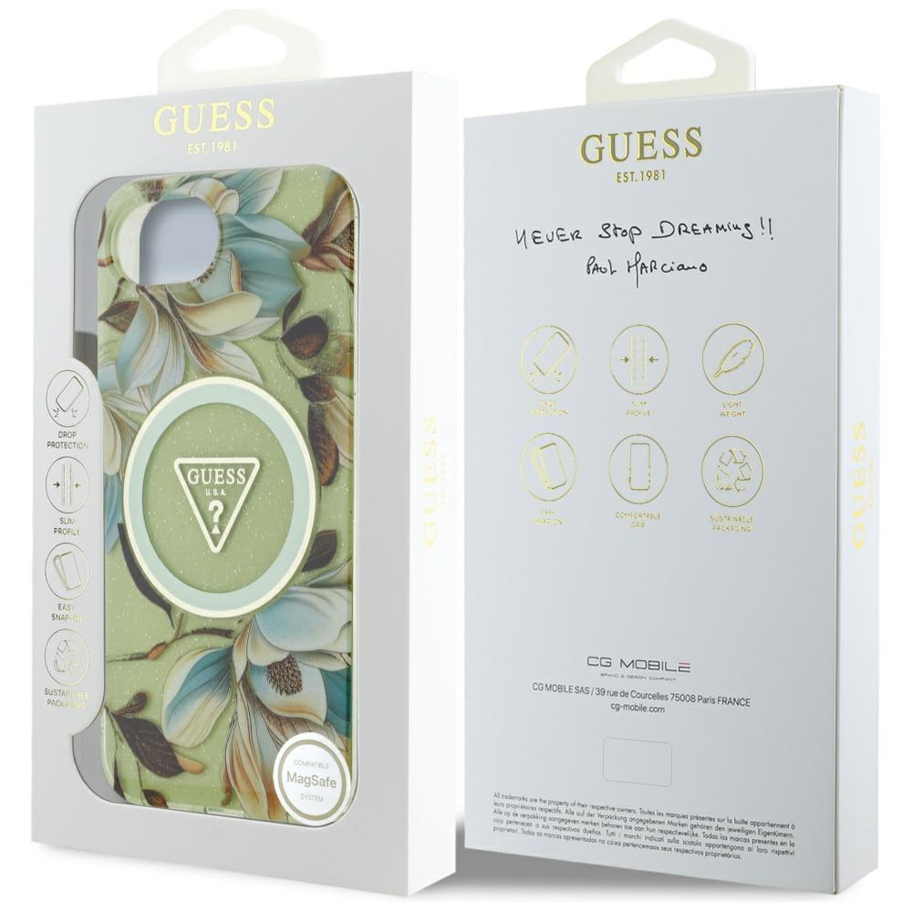 Guess Iml Metal Glitter Flowers Case Triangle Magsafe For iPhone 16E Green