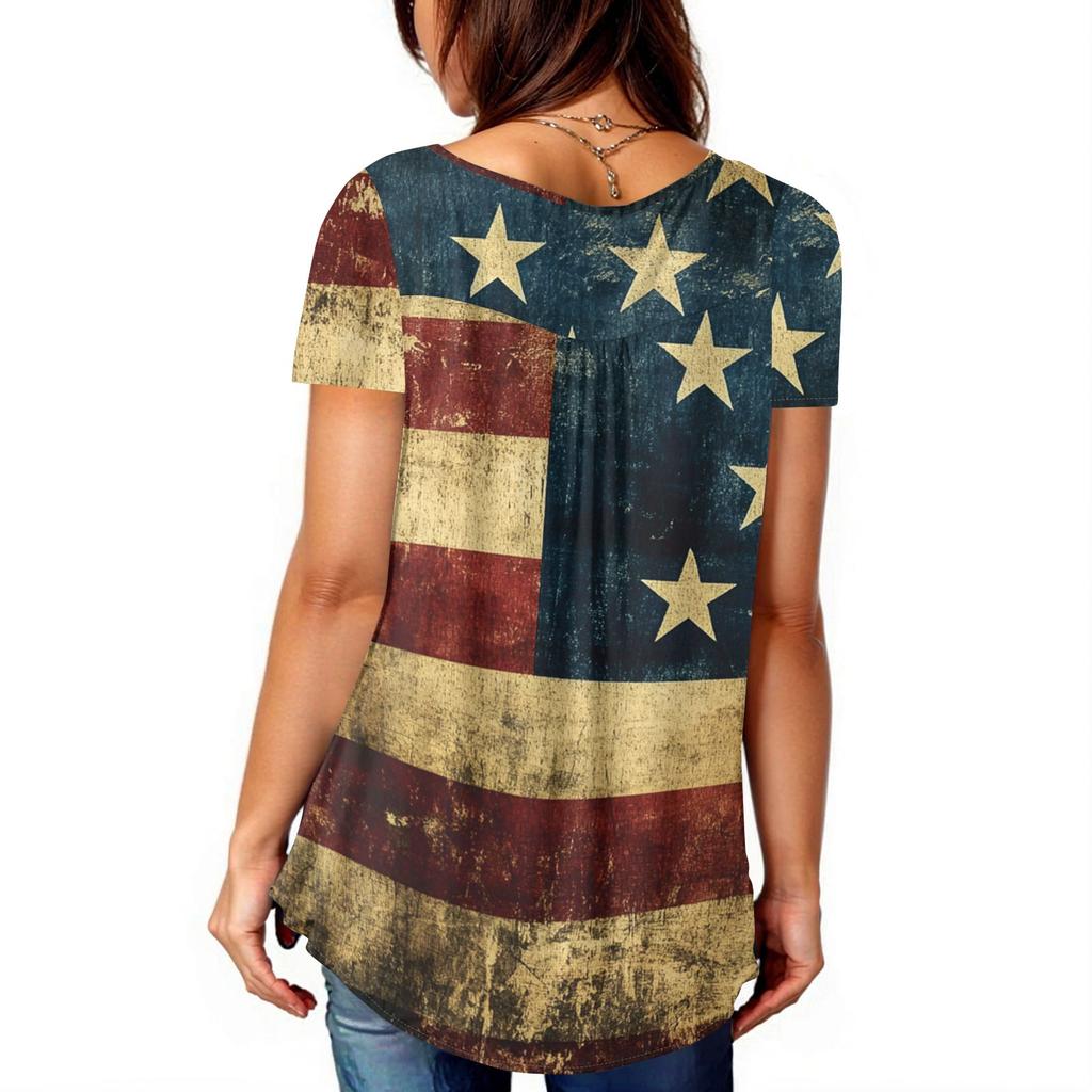 Women Tunic Tops Dressy Casual Summer Short Sleeve Shirts Loose Fit Pleated Boho Top Independence Day
