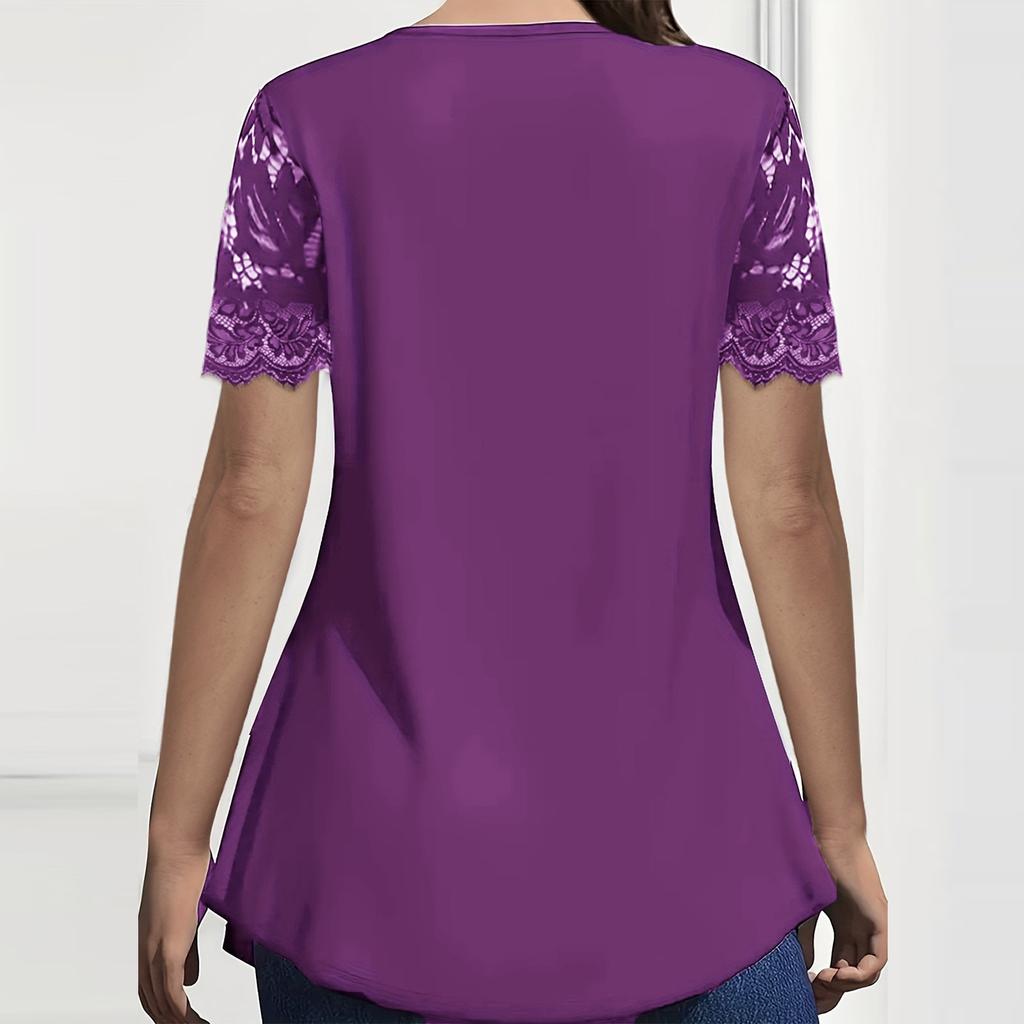 Dámský jednobarevný krajkový top s výstřihem do V a krátkým rukávem