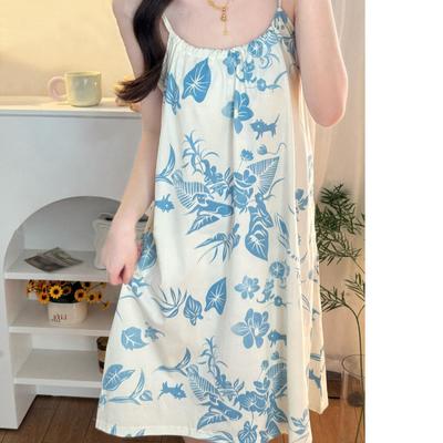 Atmungsaktives dehnbares Baumwoll-Schlafkleid für Damen - Sommer-Camisole-Pyjama, Rundhals, Lässige Hauskleidung