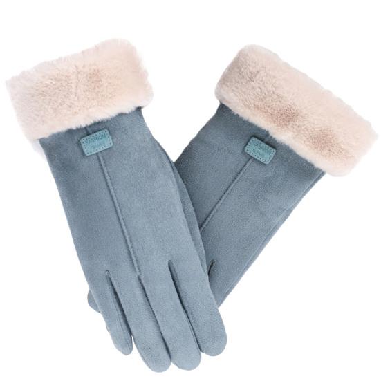 1 Pair Letter Logo Anti-slip Windproof Solid Color Suede Gloves Women Winter Fluffy Cuffs Touch Screen Driving Gloves