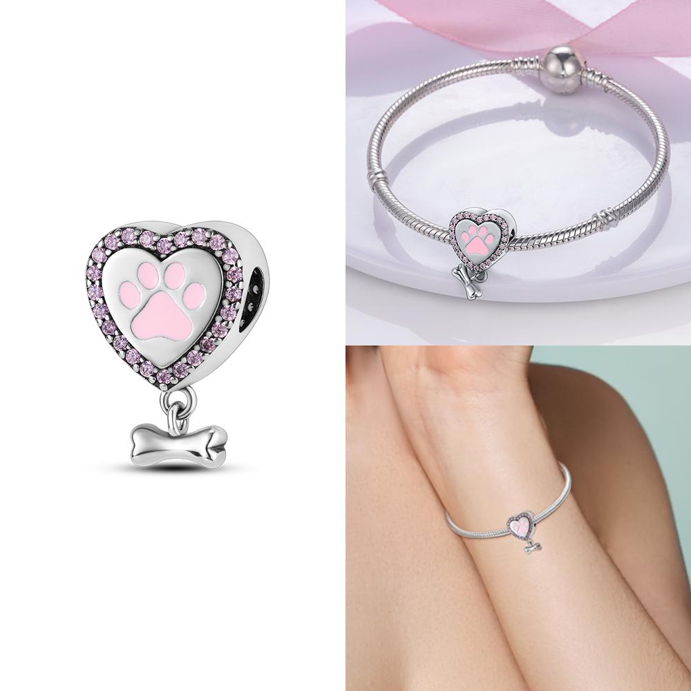 Heart Beads Cute Dog Cat Charms Copper Fit Original Pan Bracelet Diy Pet Paw Print Animal Beads For Bangle Making Fine Gift