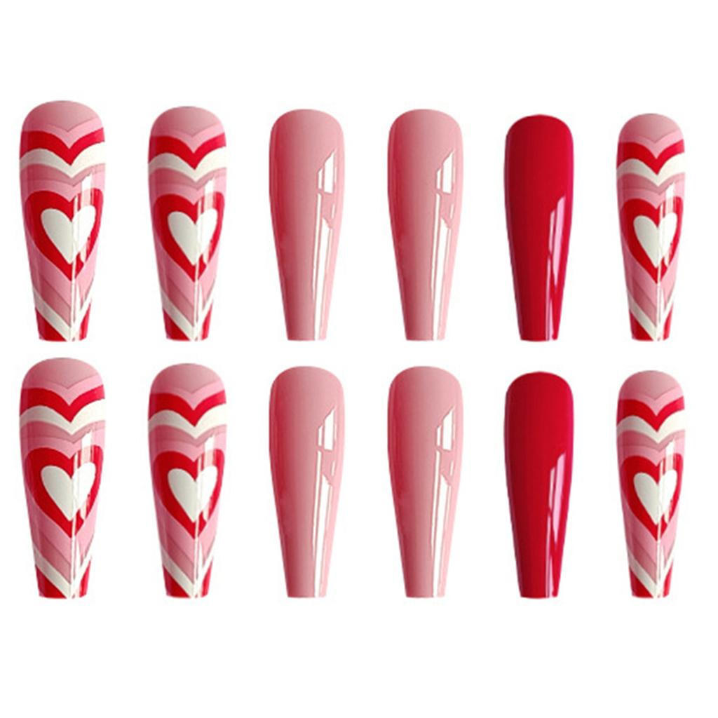 Pink Red Heart Artificial Nails Sweet & Charming Reusable False Nails for Home DIY Manicure Use