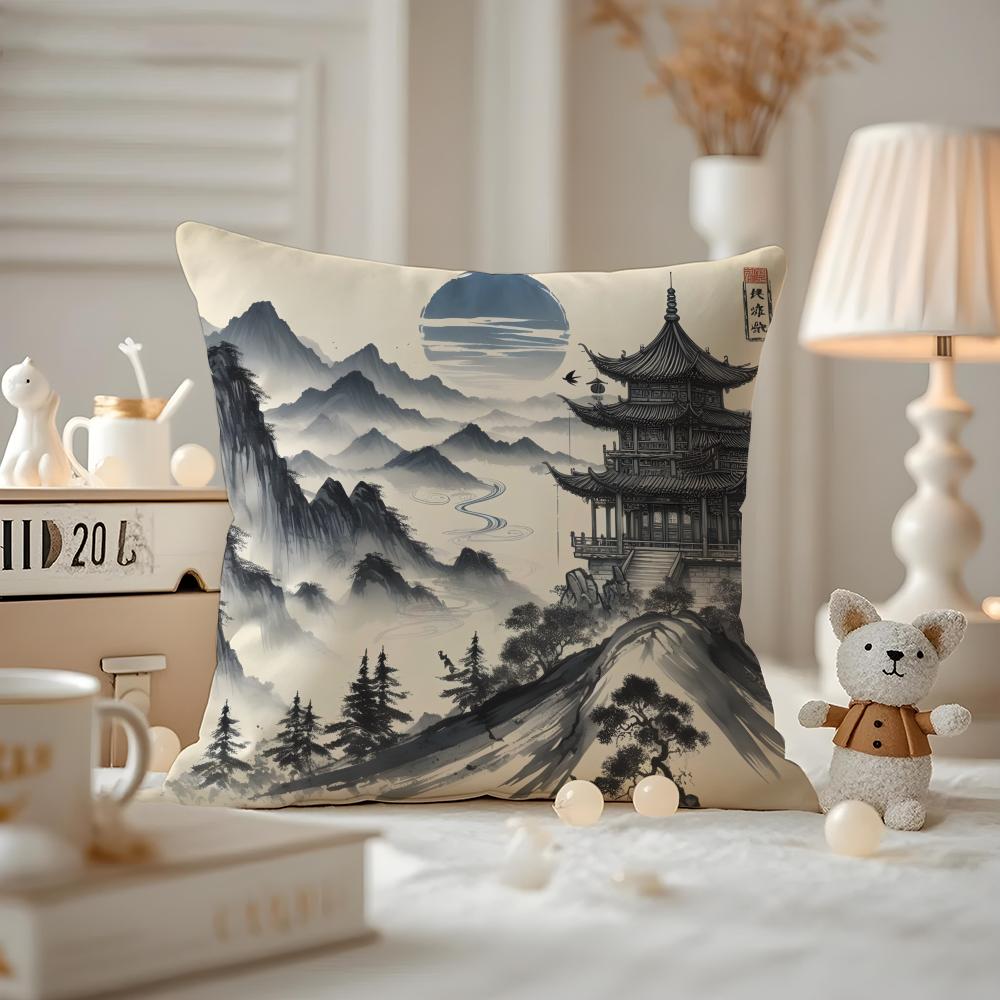 Chinese Ink Painting Style Cushion Cover Anti-dustmite Pillowcase Invisible Zipper Silky Short Plush Sofa Cushion Cover