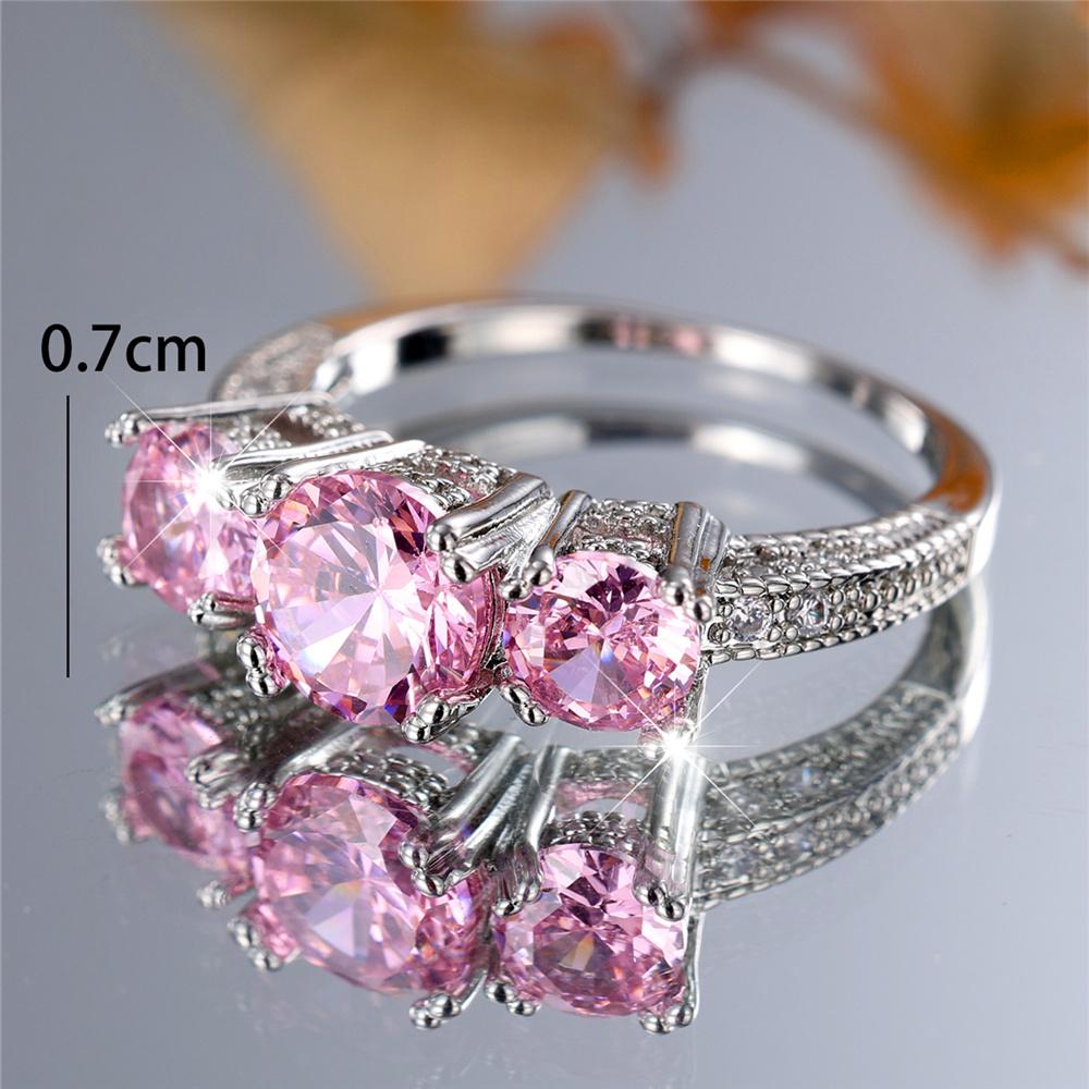 Female Pink Round Zircon Stone Finger Engagement Ring Vintage Silver Color Wedding Band Bridal  For Women