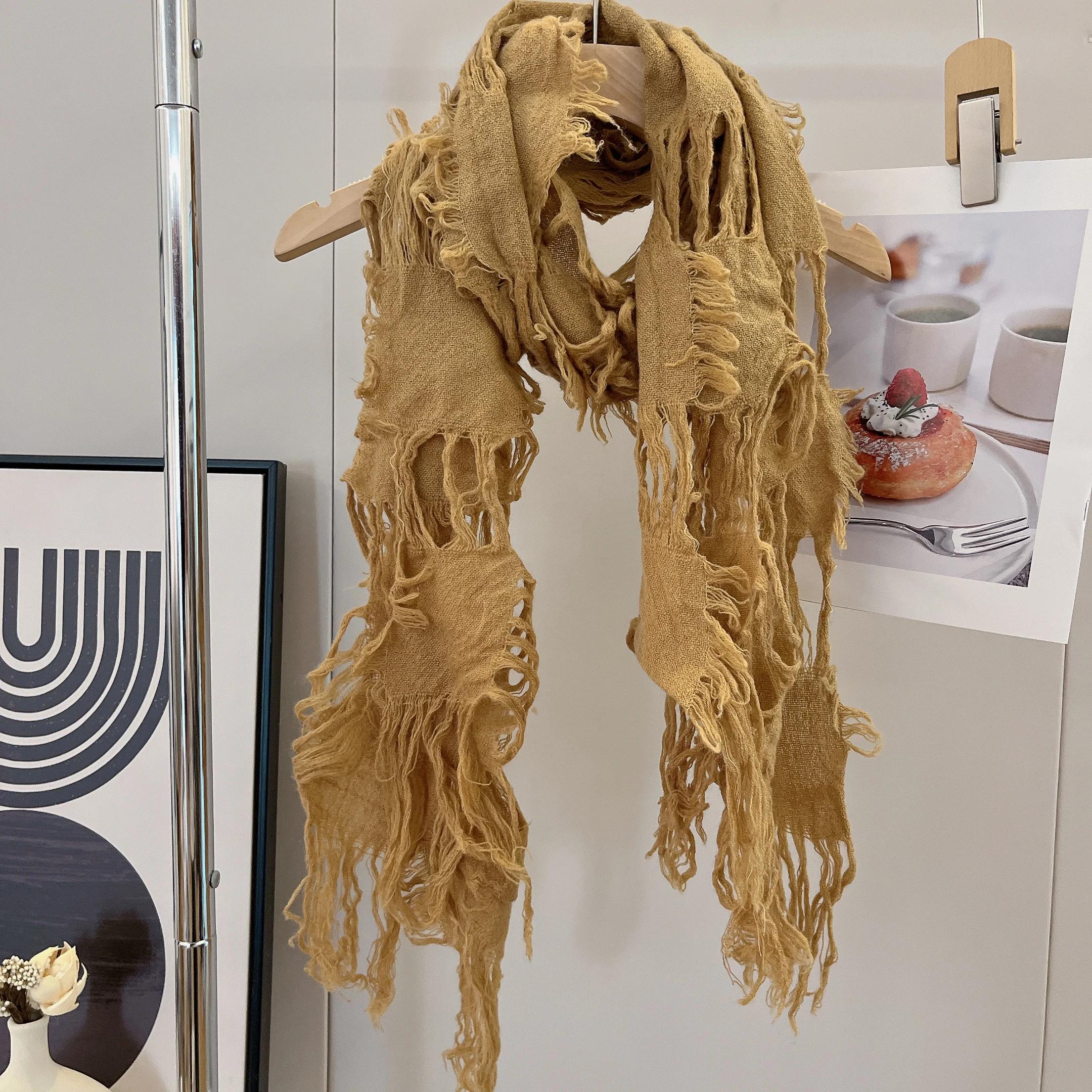 

2025 Рваный с кисточками Винтажный шарф Мужской Женский Осень Весна Ретро Рваный Хип-хоп Панк Y2k Грелка для шеи One Size