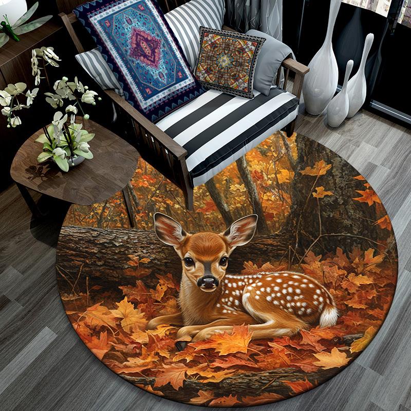 Autumnal Fawn Round Area Rug,Carpet Rug for Living Room Bedroom Sofa Playroom Decor,Non-slip Floor Mat