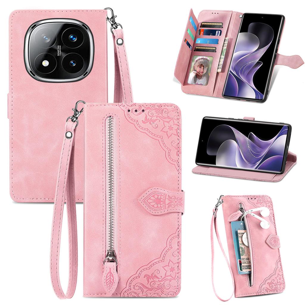 For Xiaomi Redmi Note 14 Pro+ 5G Zipper Wallet Case with Strap Flower Imprint PU Leather Phone Cover