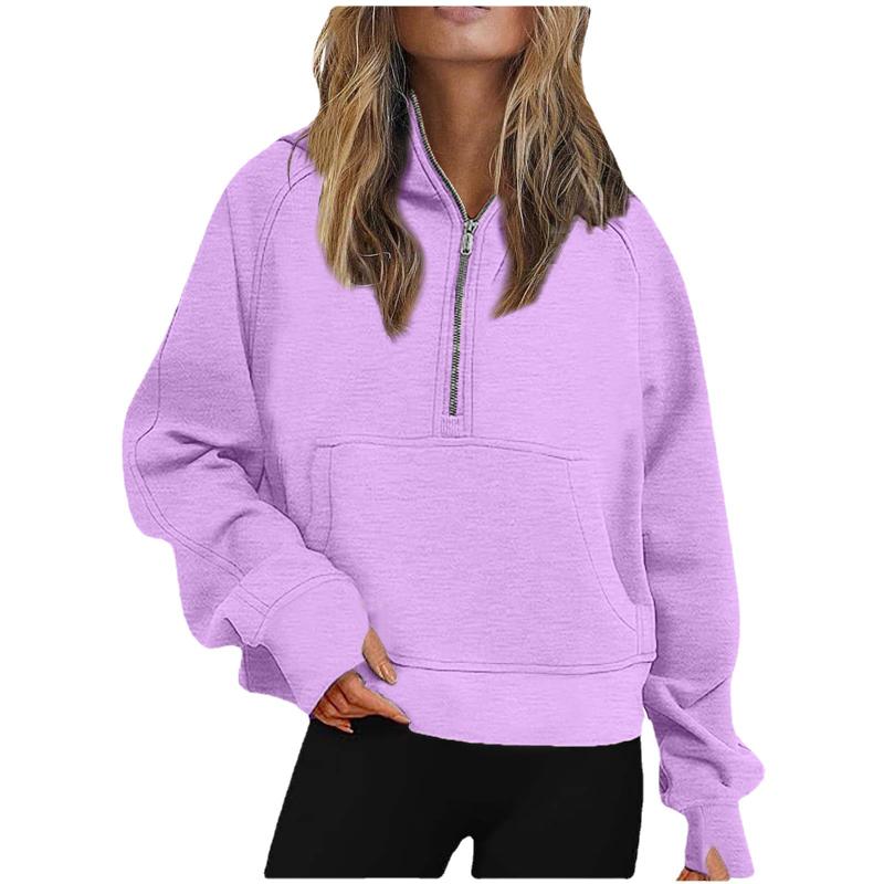 Autumn Winter New Arrival Womens Sports Half Zip Loose Solid Color Versatile Cropped Hooded Fleece Casual Pullover Sweatshirt