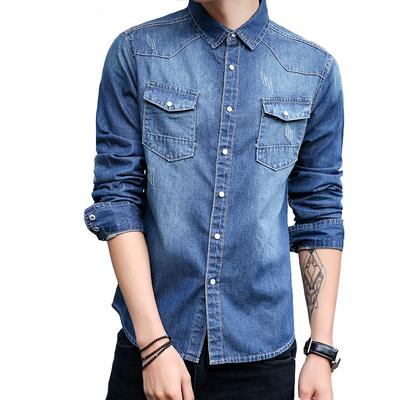 Style High Quality Denim Shirts Men's Casual Long Sleeve Jeans Shirt Solid Color Shirt Men Size