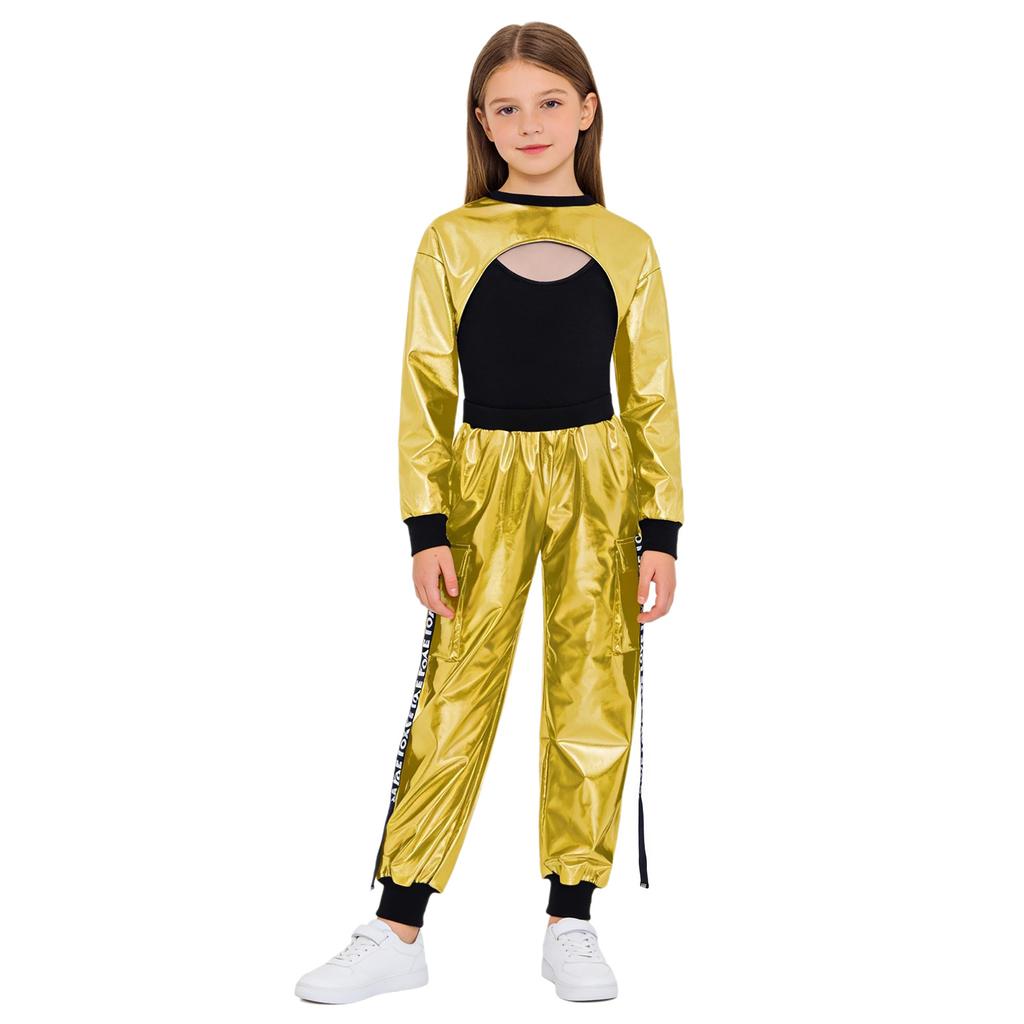 Girls Dance Clothing Set Glossy Metallic Workout Top and Pocket Pants Hip Hop Jazz Street Performance Outfit