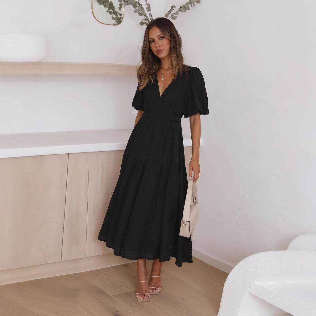 Women V Neck Puff Sleeve Tiered Maxi Dress with Waist Gathering Solid Color